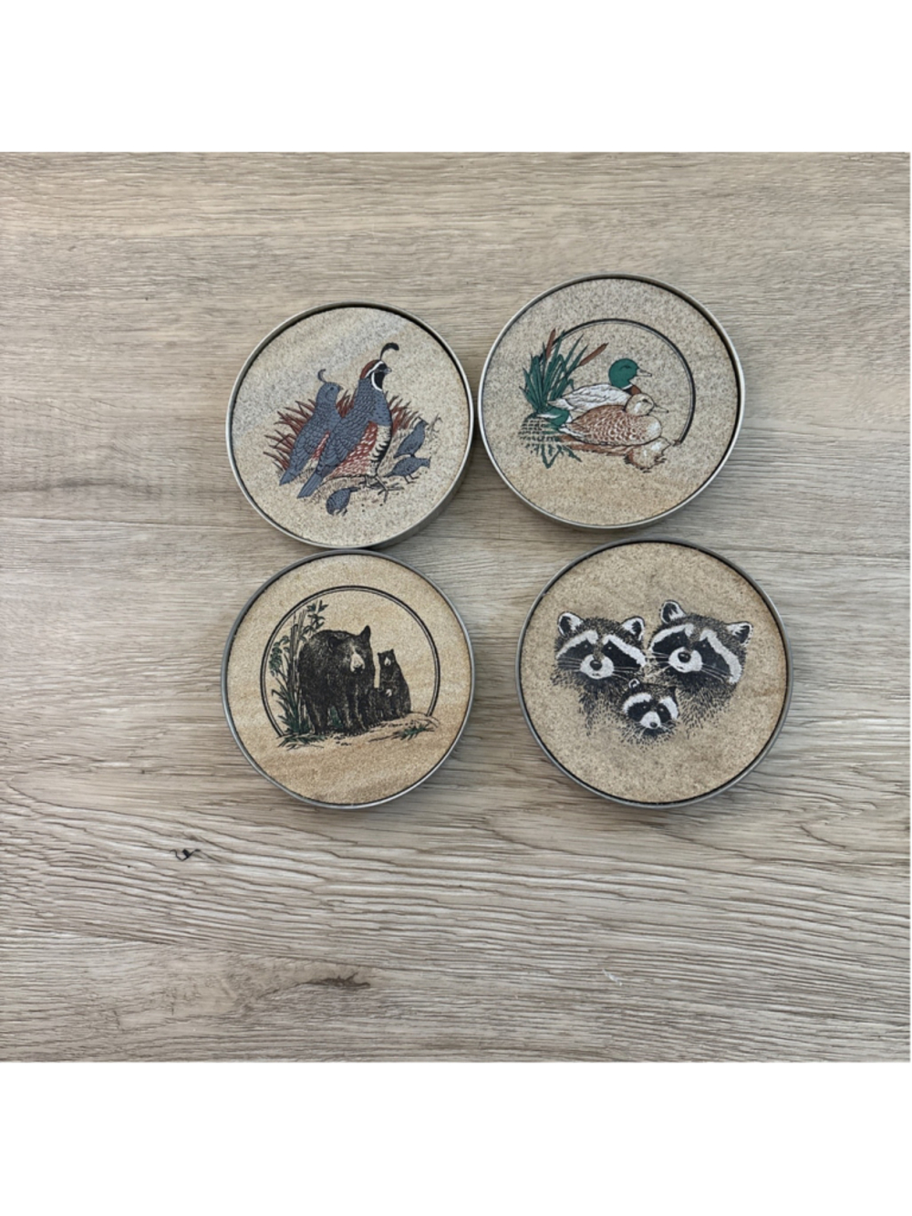Vintage Forestry Animal Coasters With Silver Tray Holders Heavy